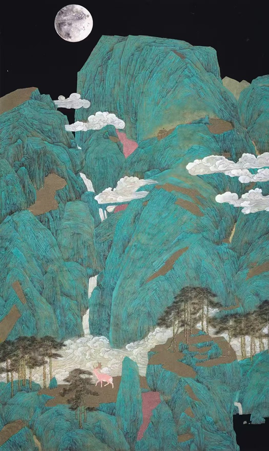 书画名家刘名杰古典精品青绿山水画定制收藏【月色青峦】插图1中国题字网