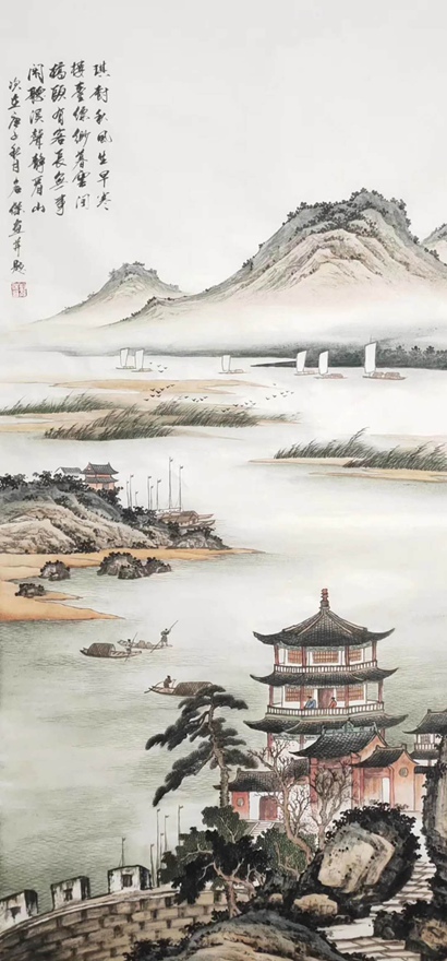 书画名家刘名杰古典山水画定制收藏【秋江楼阁图】插图1中国题字网