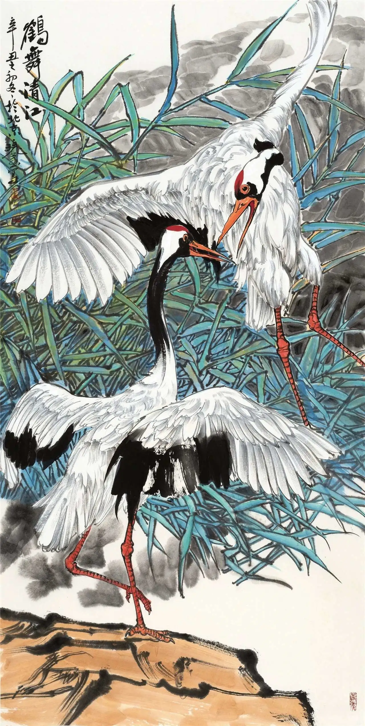 名家郑瑰玺重彩花鸟画作品定制收藏 【鹤舞清江】插图中国题字网