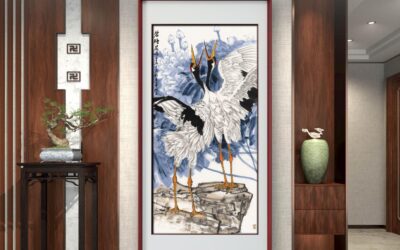 名家郑瑰玺重彩花鸟画作品定制收藏 【鹤舞清江】缩略图中国题字网