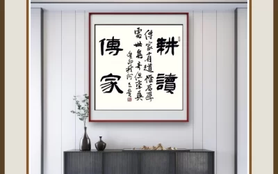 何昌贵隶书《耕读传家》玄关斗方装裱场景